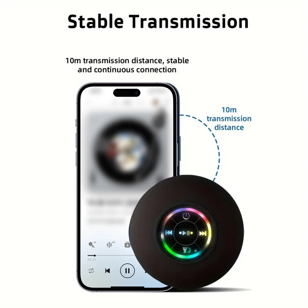 Caixa de Som Portátil Bluetooth Sem Fio com Luz LED, Resistente à Água IPX4, para Uso Externo no Banheiro, com Ventosa Grande e Som Estéreo.