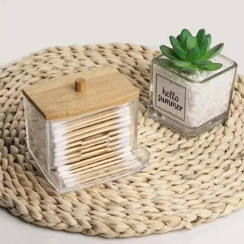 Caixa organizadora para cotonetes com tampa de bambu transparente quadrada, ideal para guardar cotonetes e palitos de dente.