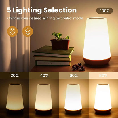 Luminária noturna RGB com 13 cores, controle remoto por toque, recarregável via USB, com intensidade ajustável e portátil para mesa ou cabeceira.