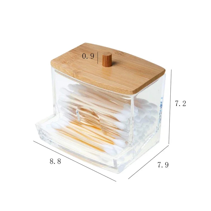 Caixa organizadora para cotonetes com tampa de bambu transparente quadrada, ideal para guardar cotonetes e palitos de dente.