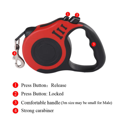 Guia retrátil automática de 3m e 5m para cães e gatos de pequeno porte, em nylon resistente, ideal para passeios, caminhadas e viagens ao ar livre.