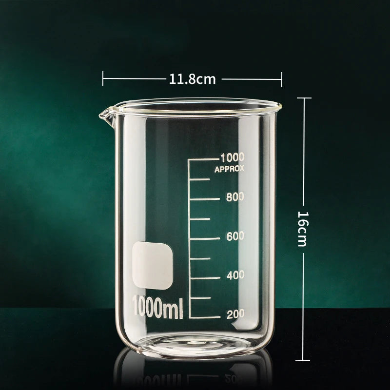 Copo medidor de vidro borossilicato de alta qualidade, com capacidade de 50/100/150/250/500/1000 ml, transparente, com escala de medição. Ideal para laboratório, cozinha e confeitaria.