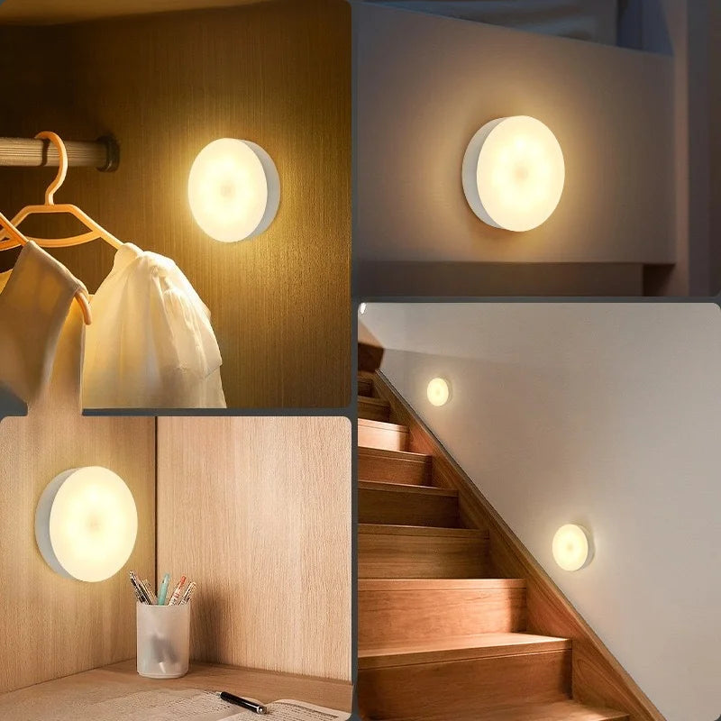 Lâmpada noturna inteligente LED com sensor de presença, iluminação de emergência automática, carregamento USB, sem fio e com ventosa magnética.