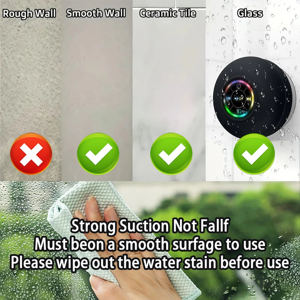 Caixa de Som Portátil Bluetooth Sem Fio com Luz LED, Resistente à Água IPX4, para Uso Externo no Banheiro, com Ventosa Grande e Som Estéreo.