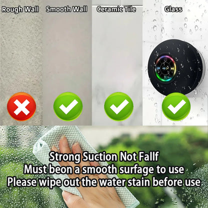 Caixa de Som Portátil Bluetooth Sem Fio com Luz LED, Resistente à Água IPX4, para Uso Externo no Banheiro, com Ventosa Grande e Som Estéreo.