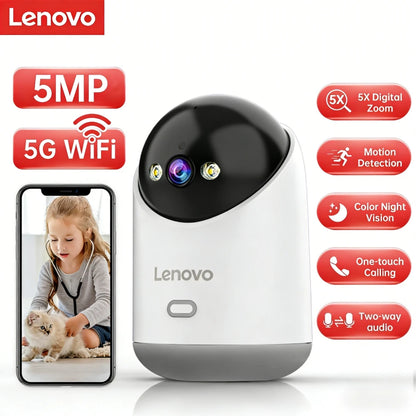 Câmera IP Lenovo 5MP WiFi para Casa Inteligente, Câmera IP Colorida para Ambientes Internos, Visão Noturna, Rastreamento Automático, Segurança, CFTV, Monitoramento de Bebês