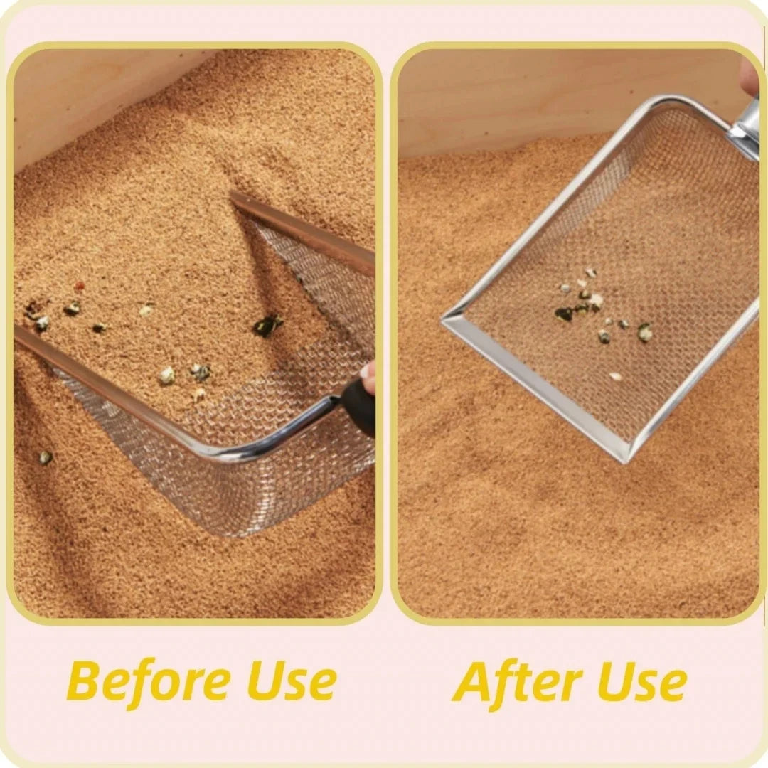 Pá para areia de gato em aço inoxidável – Durável, fácil de limpar, cabo ergonômico, resistente à ferrugem, ideal para remoção rápida de resíduos.