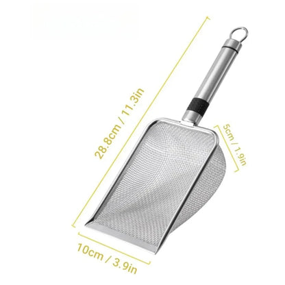 Pá para areia de gato em aço inoxidável – Durável, fácil de limpar, cabo ergonômico, resistente à ferrugem, ideal para remoção rápida de resíduos.