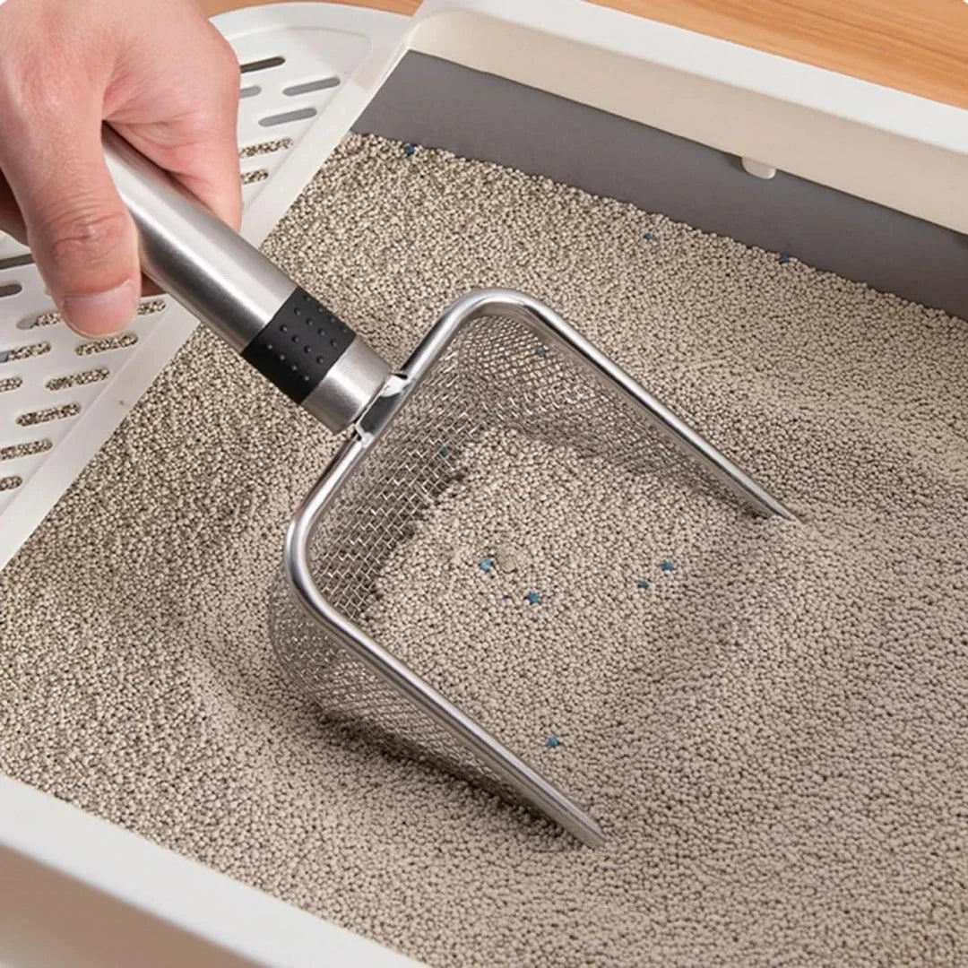 Pá para areia de gato em aço inoxidável – Durável, fácil de limpar, cabo ergonômico, resistente à ferrugem, ideal para remoção rápida de resíduos.
