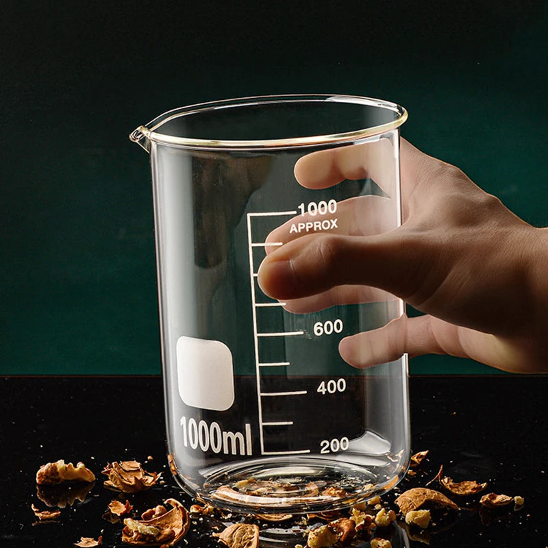 Copo medidor de vidro borossilicato de alta qualidade, com capacidade de 50/100/150/250/500/1000 ml, transparente, com escala de medição. Ideal para laboratório, cozinha e confeitaria.