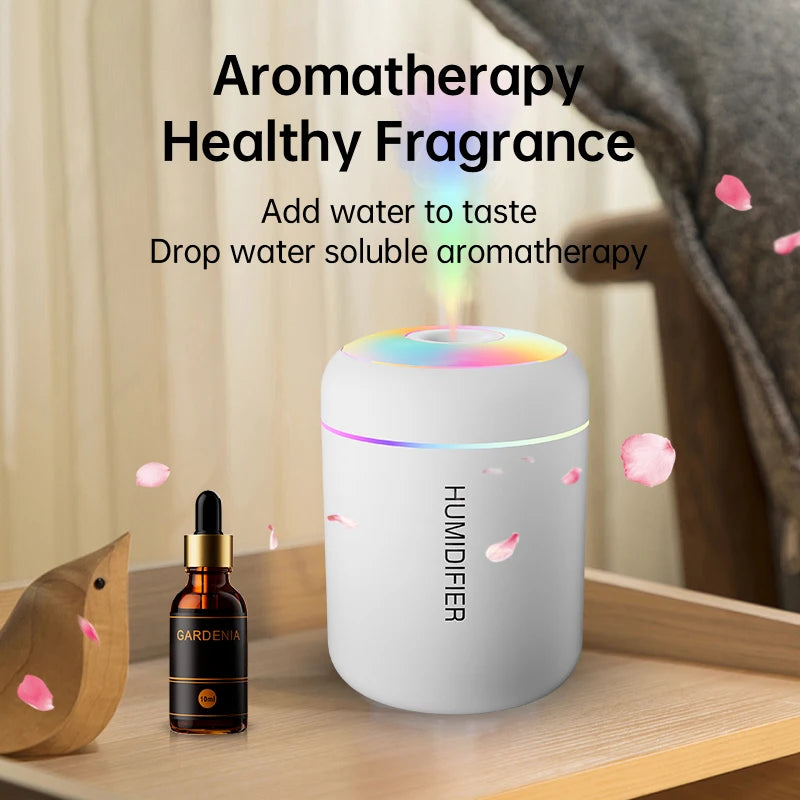Umidificador de ar mini USB de 180 ml com difusor de aromas elétrico, purificador de óleos essenciais, gerador de névoa para aromaterapia com luzes, ideal para carro, casa e quarto.