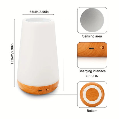 Luminária noturna RGB com 13 cores, controle remoto por toque, recarregável via USB, com intensidade ajustável e portátil para mesa ou cabeceira.