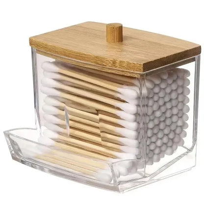 Caixa organizadora para cotonetes com tampa de bambu transparente quadrada, ideal para guardar cotonetes e palitos de dente.