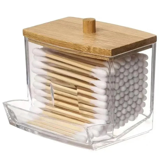 Caixa organizadora para cotonetes com tampa de bambu transparente quadrada, ideal para guardar cotonetes e palitos de dente.