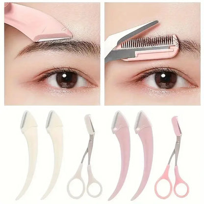 Navalha curva para sobrancelhas, tesoura para sobrancelhas com pente, ferramentas de beleza práticas e fáceis para iniciantes.