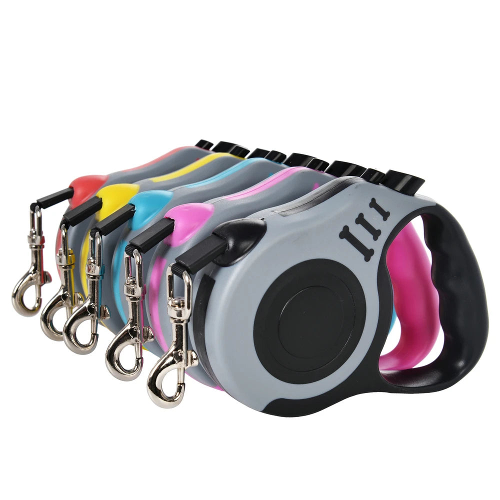Guia retrátil automática de 3m e 5m para cães e gatos de pequeno porte, em nylon resistente, ideal para passeios, caminhadas e viagens ao ar livre.