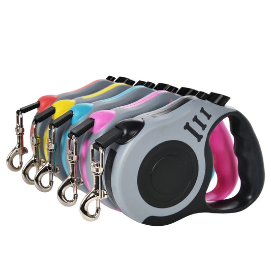 Guia retrátil automática de 3m e 5m para cães e gatos de pequeno porte, em nylon resistente, ideal para passeios, caminhadas e viagens ao ar livre.