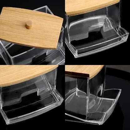 Caixa organizadora para cotonetes com tampa de bambu transparente quadrada, ideal para guardar cotonetes e palitos de dente.