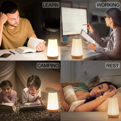 Luminária noturna RGB com 13 cores, controle remoto por toque, recarregável via USB, com intensidade ajustável e portátil para mesa ou cabeceira.