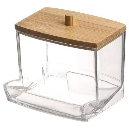 Caixa organizadora para cotonetes com tampa de bambu transparente quadrada, ideal para guardar cotonetes e palitos de dente.
