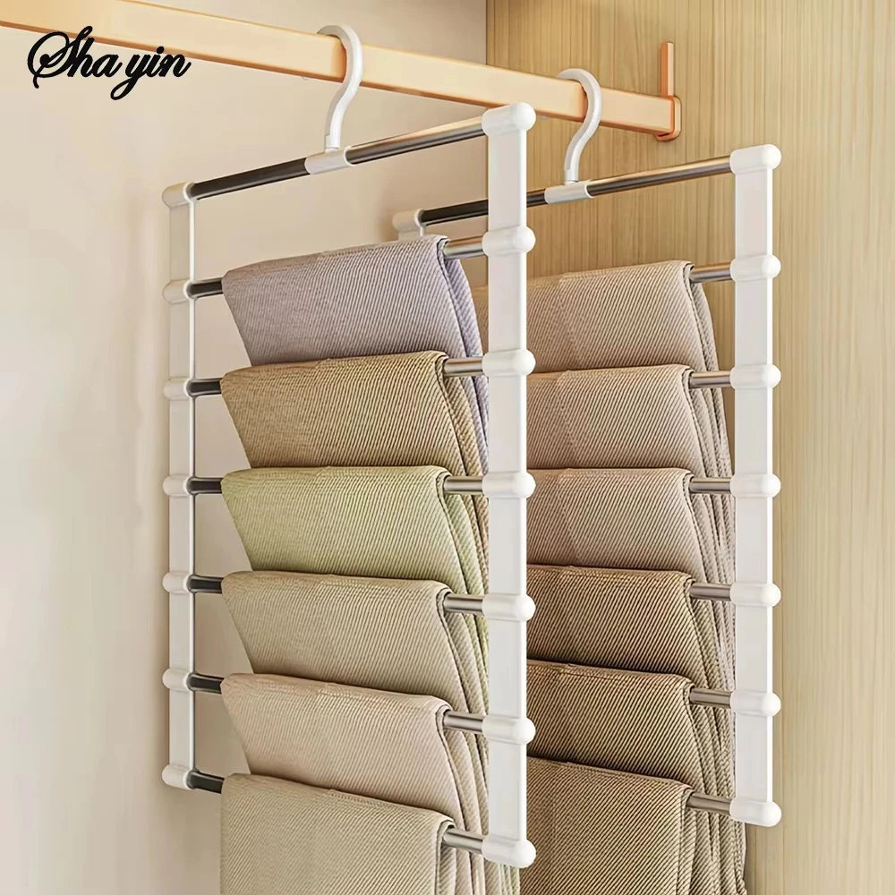 Cabide dobrável para calças com várias camadas, prendedores antiderrapantes, organizador de armário que economiza espaço para guardar calças, sistema de suspensão dobrável.