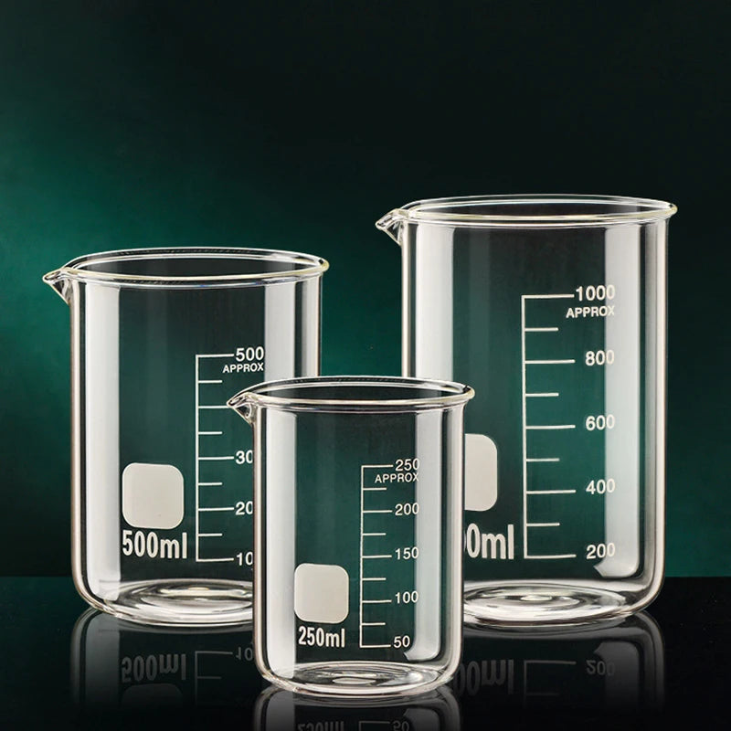 Copo medidor de vidro borossilicato de alta qualidade, com capacidade de 50/100/150/250/500/1000 ml, transparente, com escala de medição. Ideal para laboratório, cozinha e confeitaria.
