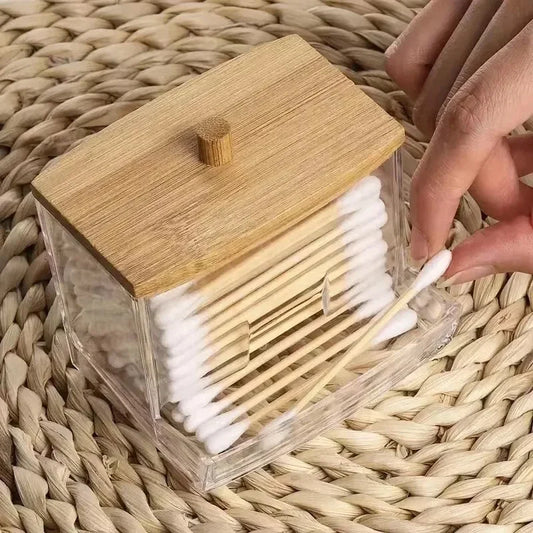 Caixa organizadora para cotonetes com tampa de bambu transparente quadrada, ideal para guardar cotonetes e palitos de dente.